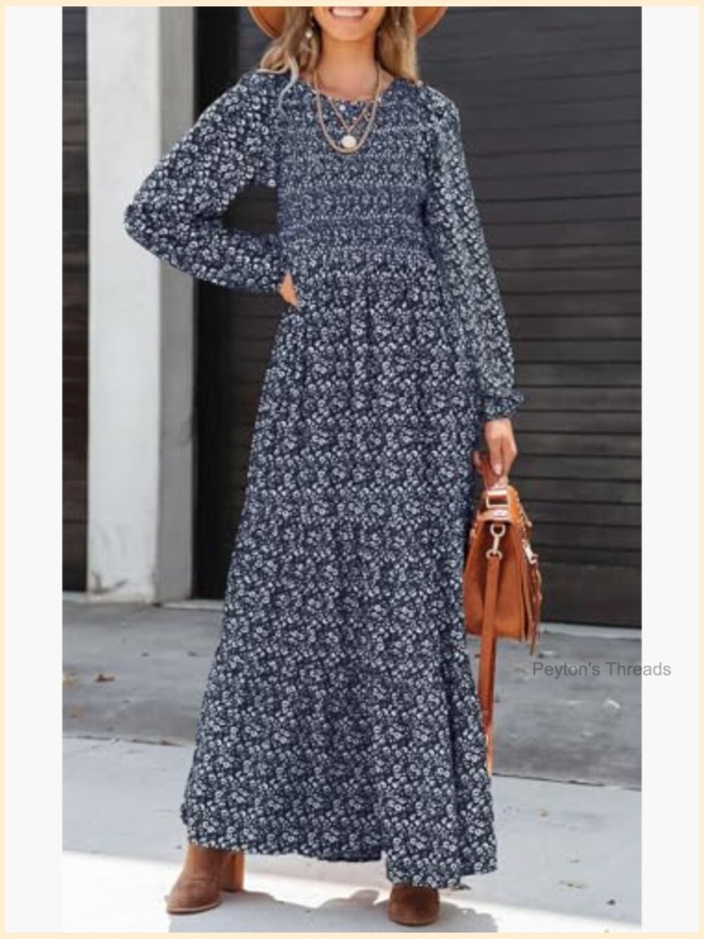 Long Sleeve Flowy Floral Maxi Dress Crewneck Smocked Tiered Swing Dress with - Picture 3 of 7